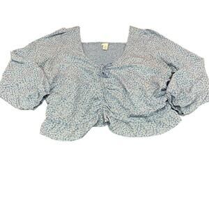 HM Womens Blue Floral Boho Cropped Back Blouse Long Puffed Sleeves Size 2XL READ